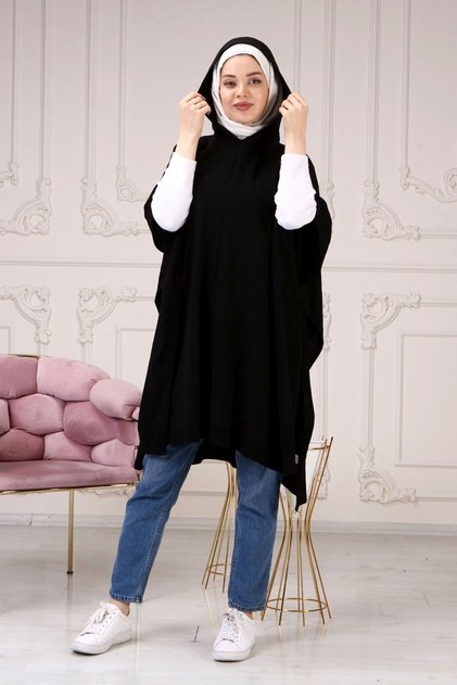 Women's Black Side Laced Hooded Thin Knitwear Poncho
