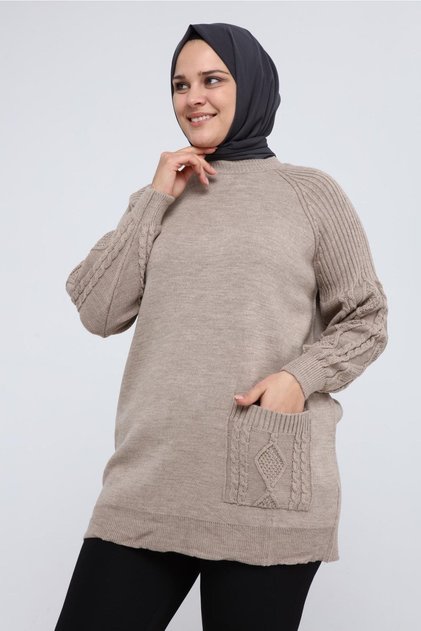 Women's Large Size Sleeve Hair Braided Pocket Winter Knitwear Tunik 4372