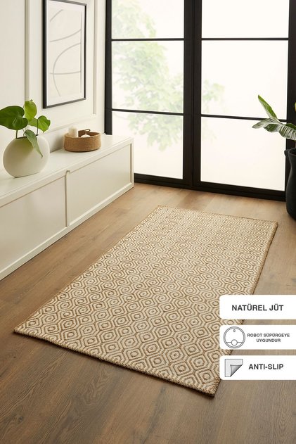 Ekru Renk Karo Desenli Jüt Halı Kilim