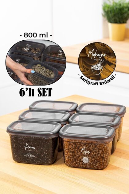 Set of 6 Peggy Rectangular Storage Containers with White Screen Printing Label 800 Ml Anthracite