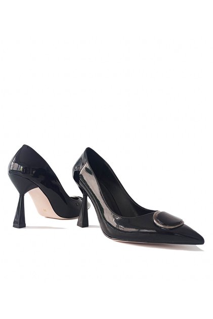 Black Color Patent Leather Material Thin Heel Buckle Women's Stiletto