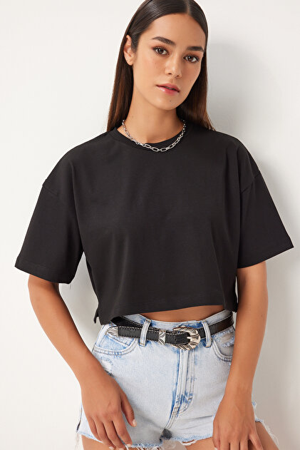 Happiness İstanbul Kadın Siyah %100 Pamuk Oversize Crop Örme T