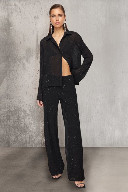 Schwarz gefütterte, glitzernde Chiffon-Hose TPRSS24PL00009