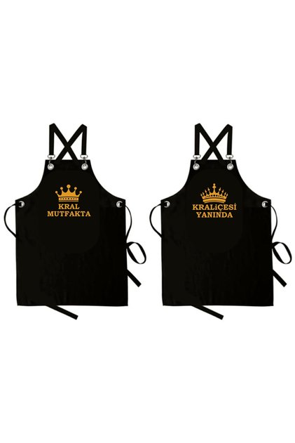 Gold Gilded Black King Queen Printed Set Kitchen Apron