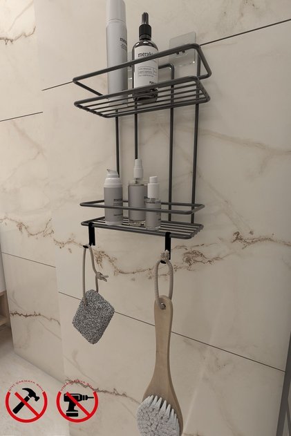 Ömür Boyu Paslanmaz Yapışkanlı Siyah 2 Katlı Düz Banyo Şampuanlık Tş02, Delmeye Son, Matkap Vida Yok