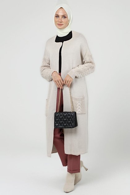 Women's Handle Hair Braided Double Pocket Garnished Winter Kimono Cardigan N4204