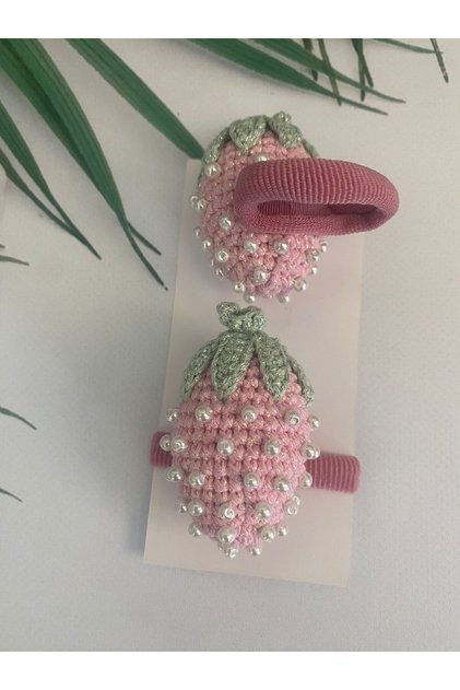 Handmade Pink Tie Hair Clip Set with Strawberry Bead Detail (Piece Set)