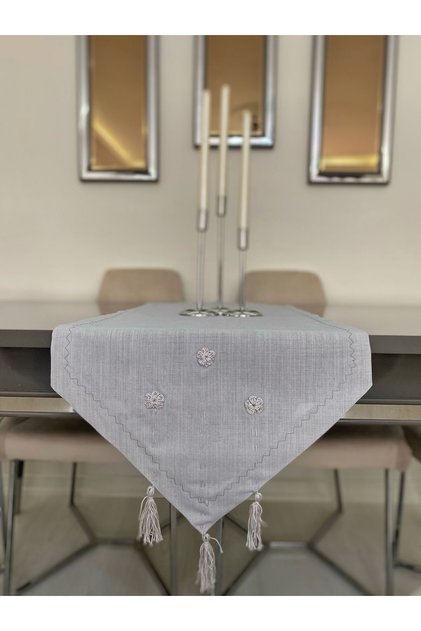 Glittery Gray Linen Flower Motif Runner (Made in Custom size)