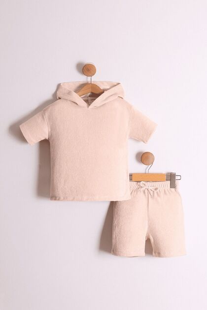 Boy's Hooded Terry Fabric Ecru T-Shirt - 2-Piece Set with Shorts