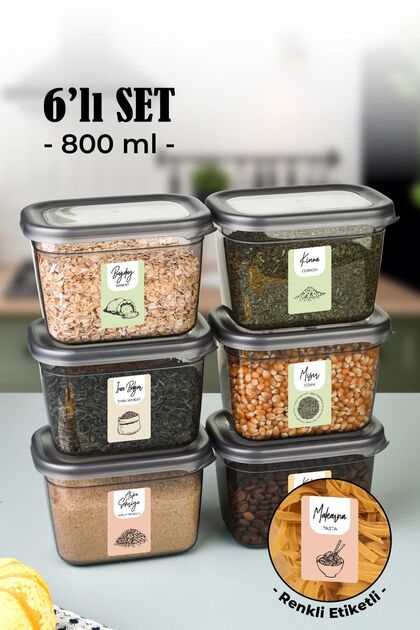 Set of 6 Peggy Rectangular Storage Containers with Colorful Labels 800 Ml Anthracite