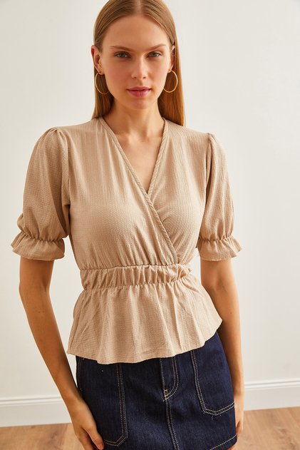 Women's Stone Elastic Waist Double Breasted Blouse Blz- 19002187