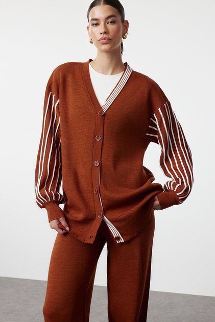 Cinnamon Print Balloon Sleeve Knitwear Cardigan Trousers Bottom-Top Suit Tctaw25Us00007