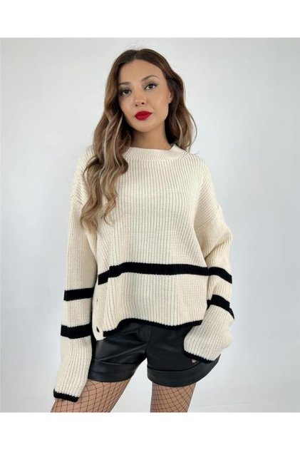 Side Buttoned Black Striped Cream Sweater Std