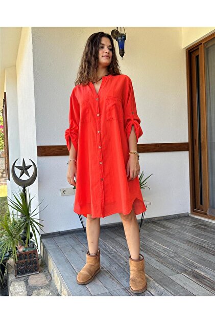 Pomegranate Flower Patterned Cotton Shirt Dress - Long Sleeve Collar and Pocket