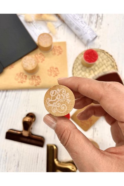 Mini Ahşap Dairesel Vintage Love Desenli Mühür / Damga / Kaşe / Kitap Mührü Stamp / Seal