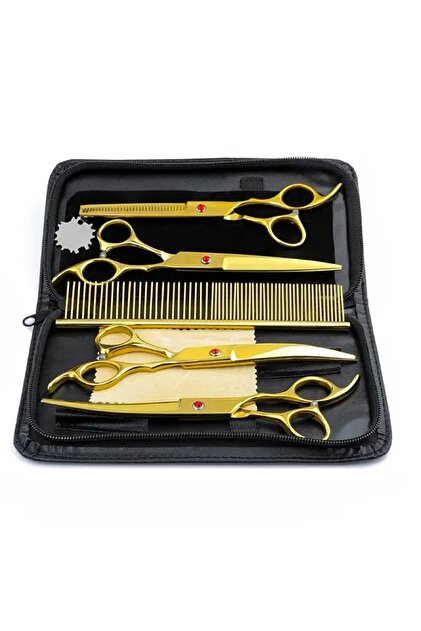 Profesyonel 8 Parça 7.0 Inch 18 Cm Deri Çantalı Gold Ayar Yapılabilen Berber Kuaför Saç Makas Seti
