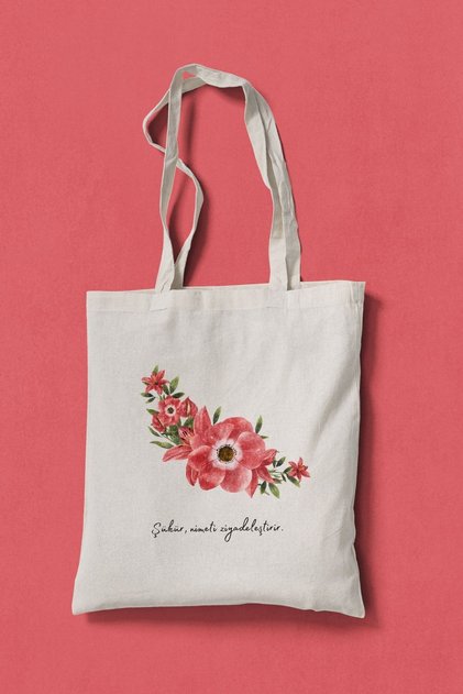 Şükür Nimeti Ziyadeler Çiçekli Floral Cloth Bag