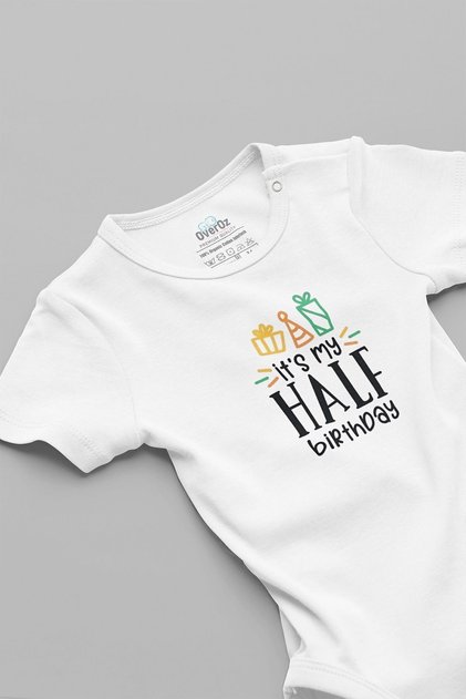 Organic %100 Cotton Half Birthday Printed Short-Sleeved Snap-Fastened Baby Bodysuit Bodysuit 5605