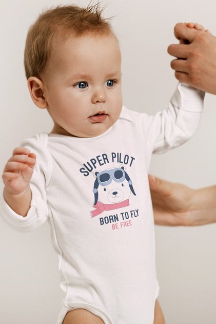 Super Pilot Printed Organic Cotton Baby Bodysuit - Long Sleeve Jumpsuit with Snap Fasteners 5400
