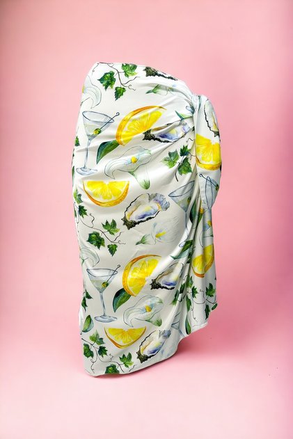 White Satin Beach Dress with Lemon Detail - Margarita Cup, Long Pareo