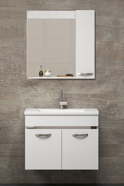 Safir Beyaz 65 cm Aynalı Seramik Lavabolu MDF Banyo Dolabı Seti Hazır Kurulu