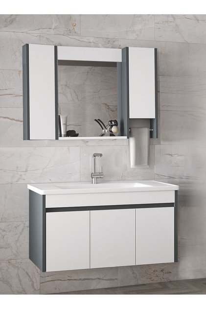 Estella Antrasit Beyaz 100 cm Seramik Lavabolu MDF Banyo Dolabı Seti Hazır Kurulu