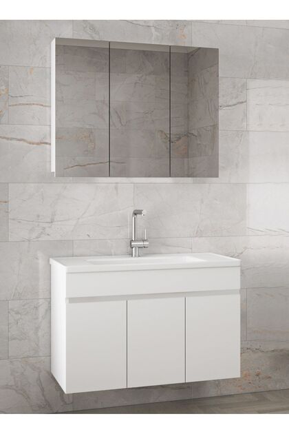Viola3 Beyaz 100 Cm Aynalı Seramik Lavabolu MDF Banyo Dolabı Seti Hazır Kurulu