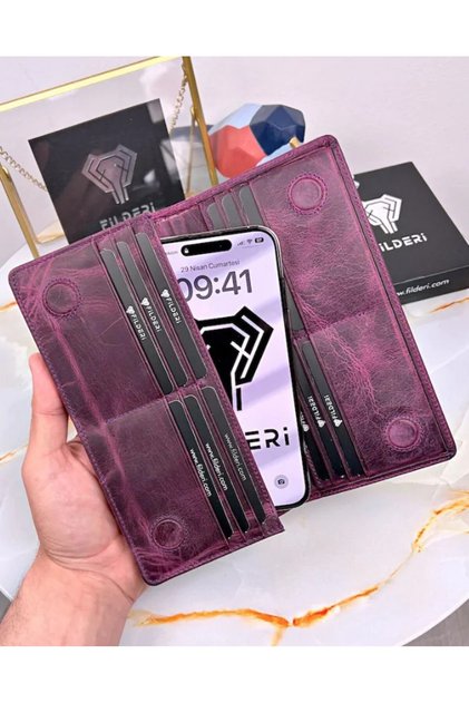 With Phone Compartment - Genuine Leather Wallet - with Magnet and Hand Tape - Large Portfolio 2028