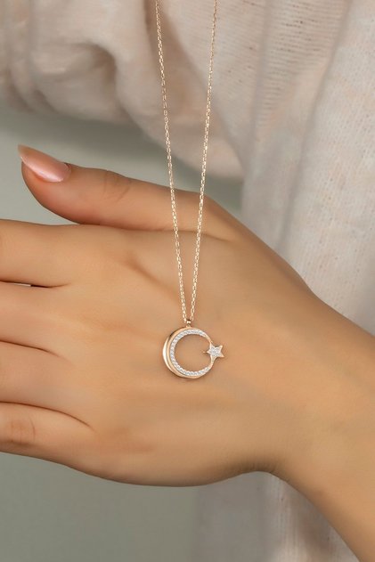 Pırlanta Modeli Gümüş Ay Yıldız Kolye