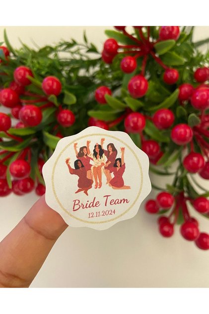 Bride Team Dalgalı Şekil Beyaz Mat Kağıt Yapışkanlı Sticker Etiket - 14 Adet - 5x5cm