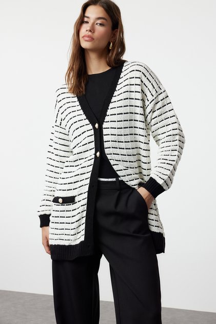 Black Jacket Look Tweed Knitwear Cardigan Tctaw25Th00016