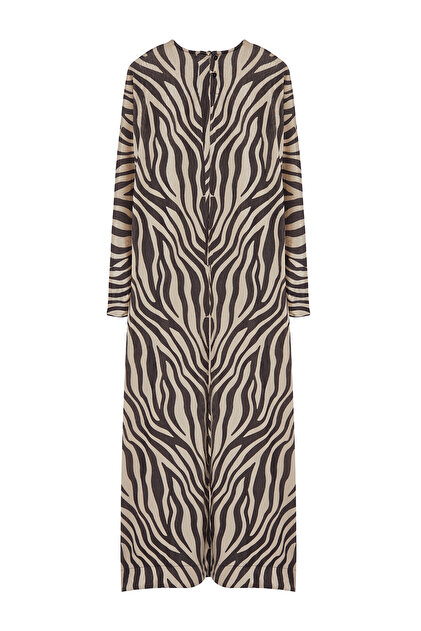 Trendyolmilla Modest Bej Krinkle Örme Animal Zebra Desenli Elbise