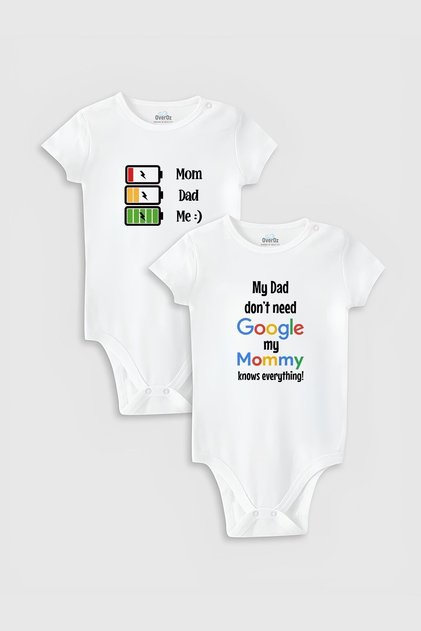 Google Mother and Father Baby Bodysuit - Organic 100% Cotton, Set of 2, White Bodysuit with Snap Fasteners 5174-5130