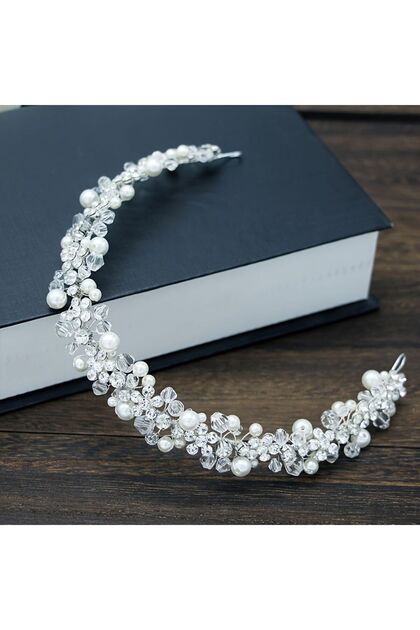 Kristal Taşlı İncili Saç Aksesuarı Nikah, Düğün, Nişan, Söz, Kına Gelin ve Türban Taçı