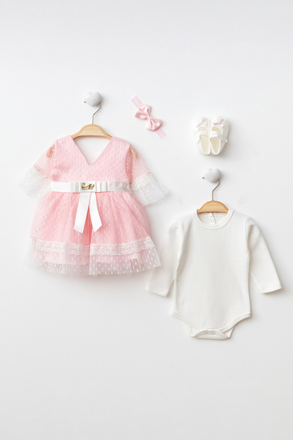 Ponpon Baby Pink Baby Girl Newborn Christening Dress, Baby Gift Dress, 4 Pieces