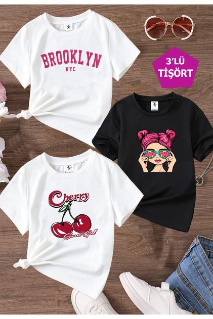 Cherry Printed 3-Pack White-Black-White Girls' T-Shirt