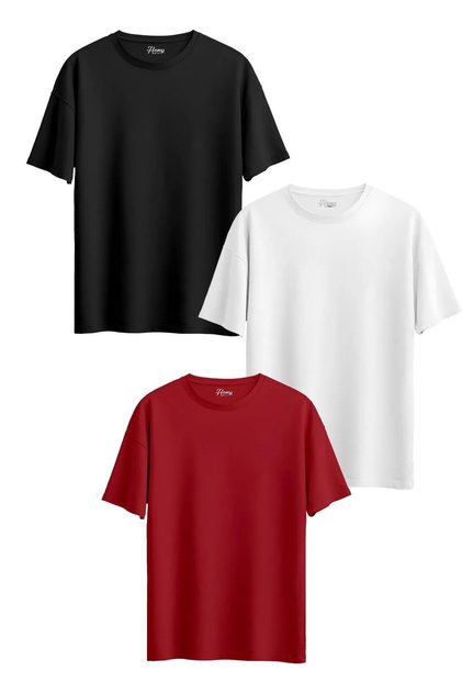 Unisex Red-Black-White Plain Patternless 3-Piece Oversized T-shirt