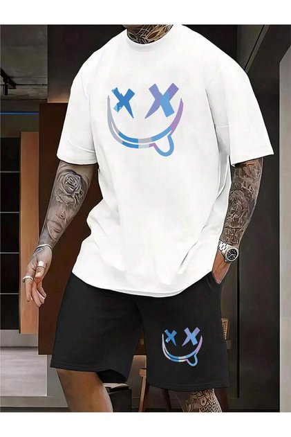 Men's 2-Piece Oversize Basic Beast Fashion Printed Cotton Tongue Out Smiling Face T-Shirt and Shorts Set