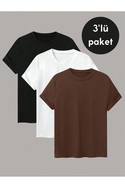 Unisex 3'lü Avantajlı Set Bisiklet Yaka T-shirt - Büyük Beden Tişört