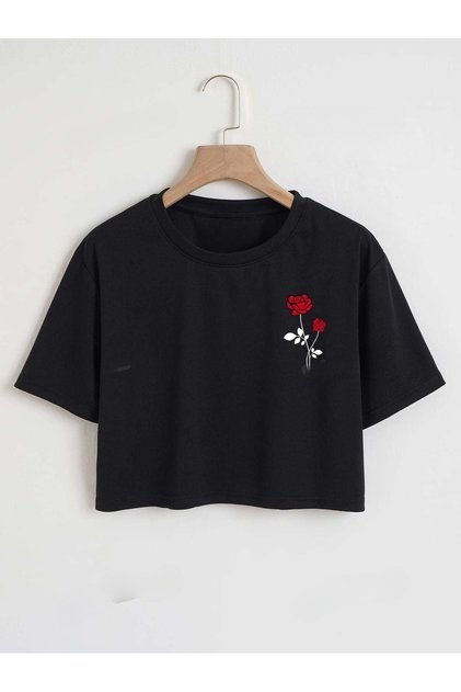 Women's Black Figure Rose Printed Oversize Cropped