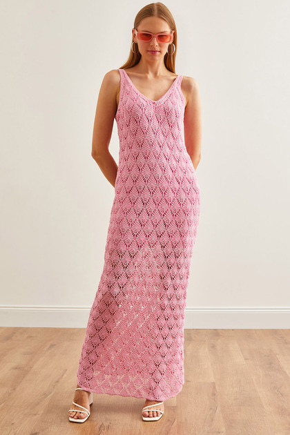 Women's Pink Strap Lined Openwork Knitwear Dress Elb- 19002174
