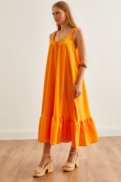 Women's Yellow Strap Oversize Maxi Woven Dress Elb- 19002235
