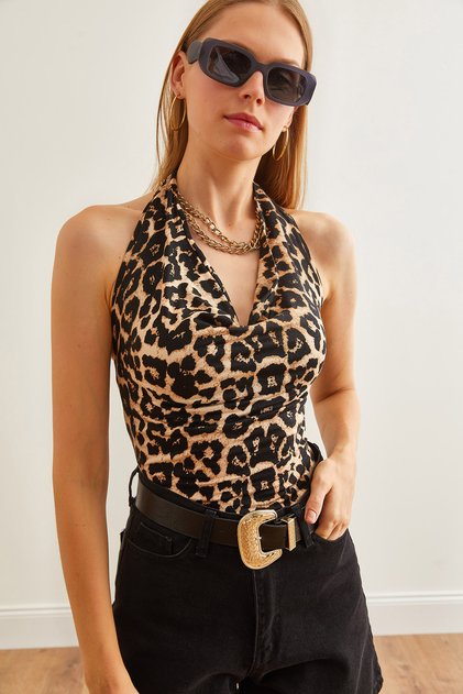 Body mare pentru femei, cu bretele leopard, cu gât în formă de fluture, cu șase capse BDY- 00000050