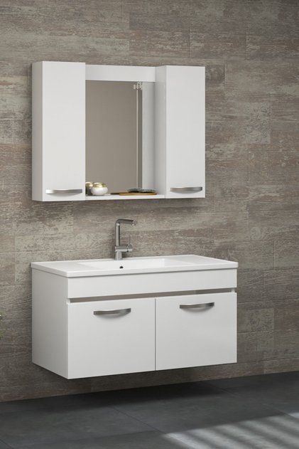 Safir Beyaz 100 Cm Aynalı Seramik Lavabolu MDF Banyo Dolabı Seti Hazır Kurulu