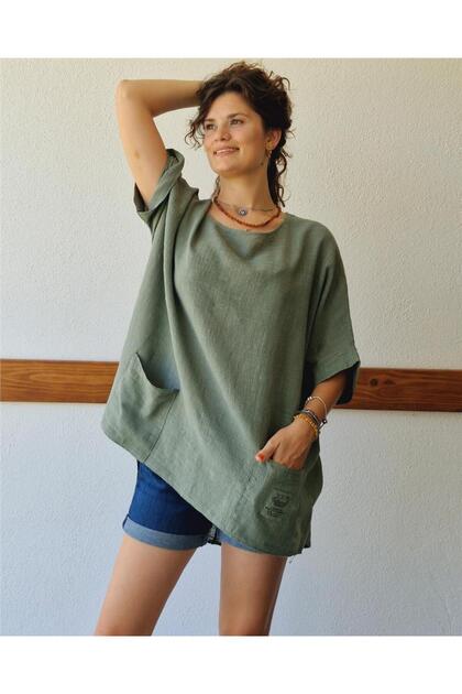 Pocketed Short-Sleeved Khaki Italian Linen Tunic Std