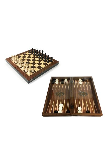 Star Antique Walnut Backgammon and Chess Set