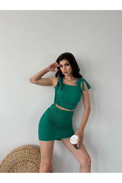Green Crop Blouse and Mini Skirt Set - Gathered with Lace Detail