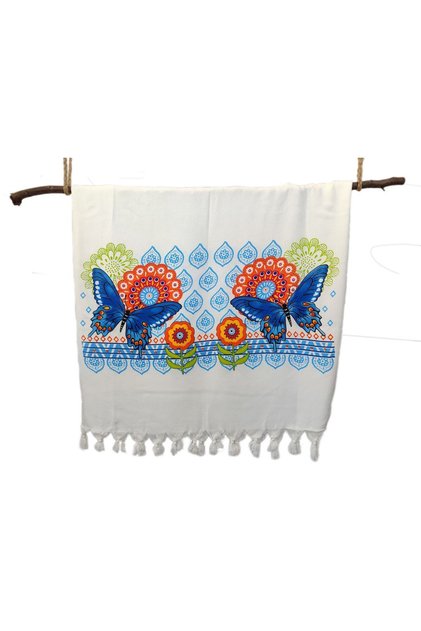 Bamboo Peshtemal, Rose Butterfly Printed Pattern, Beach Towel, Bath Towel