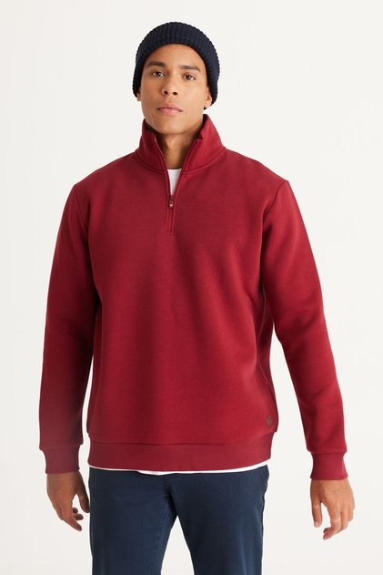 Erkek Bordo Standart Fit Normal Kesim Içi Polarlı Fermuarlı Dik Bato Yaka Pamuklu Sweatshirt