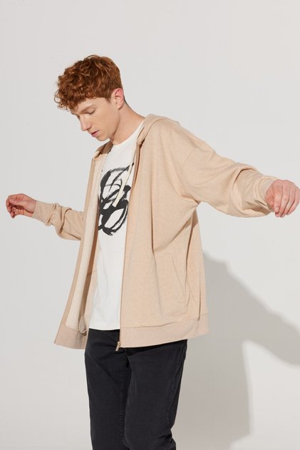 Men's Milk Brown Oversize Fit Loose Cut Hooded Collar 100% Cotton Zippered Sweatshirt